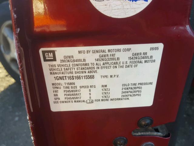 1GNET16S166115568 - 2006 CHEVROLET TRAILBLAZE BURGUNDY photo 10