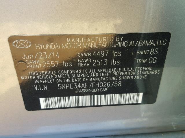 5NPE34AF7FH026758 - 2015 HYUNDAI SONATA SPO SILVER photo 10