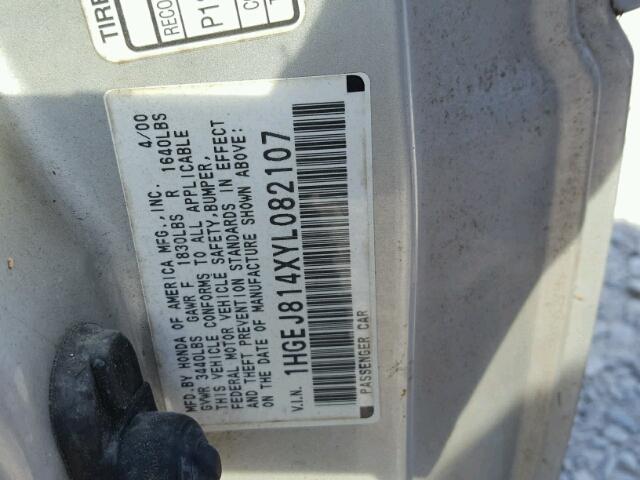 1HGEJ814XYL082107 - 2000 HONDA CIVIC EX SILVER photo 10