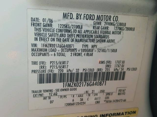 1FMZK02176GA40871 - 2006 FORD FREESTYLE WHITE photo 10