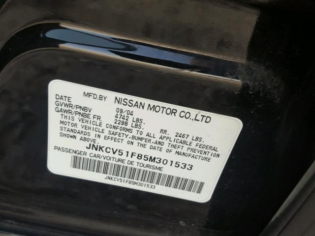 JNKCV51F85M301533 - 2005 INFINITI G35 BLACK photo 10