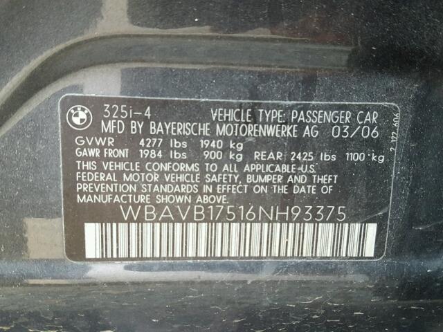 WBAVB17516NH93375 - 2006 BMW 325 I AUTO BLUE photo 10