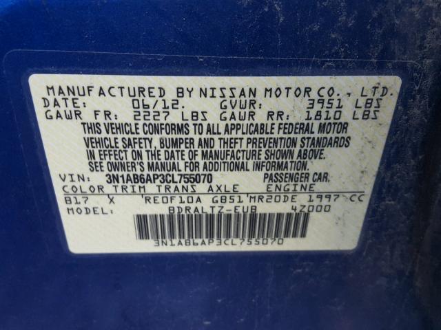 3N1AB6AP3CL755070 - 2012 NISSAN SENTRA 2.0 BLUE photo 10