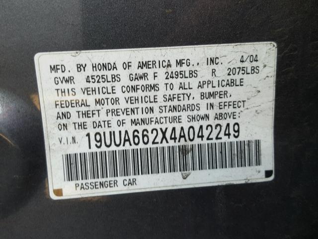 19UUA662X4A042249 - 2004 ACURA TL GRAY photo 10