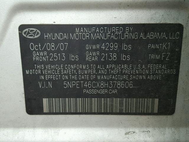 5NPET46CX8H378606 - 2008 HYUNDAI SONATA GLS GRAY photo 10