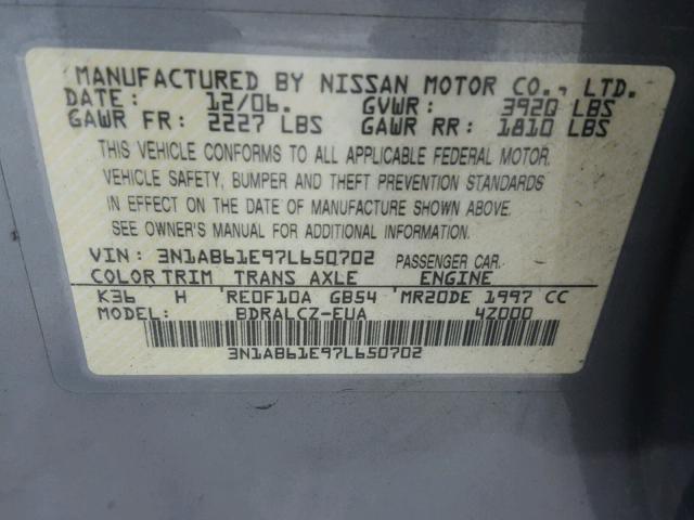 3N1AB61E97L650702 - 2007 NISSAN SENTRA 2.0 GRAY photo 10