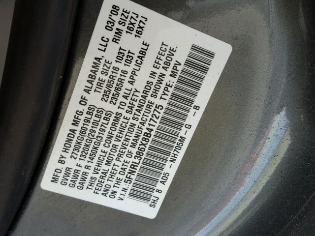 5FNRL386X8B417275 - 2008 HONDA ODYSSEY EX CHARCOAL photo 10