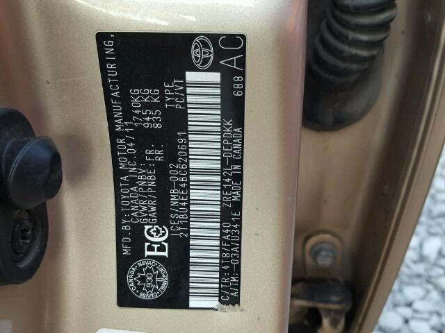 2T1BU4EE4BC620691 - 2011 TOYOTA COROLLA CE BEIGE photo 10