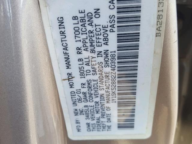 1Y1SK52882Z403981 - 2002 CHEVROLET GEO PRIZM 米色 照片 10