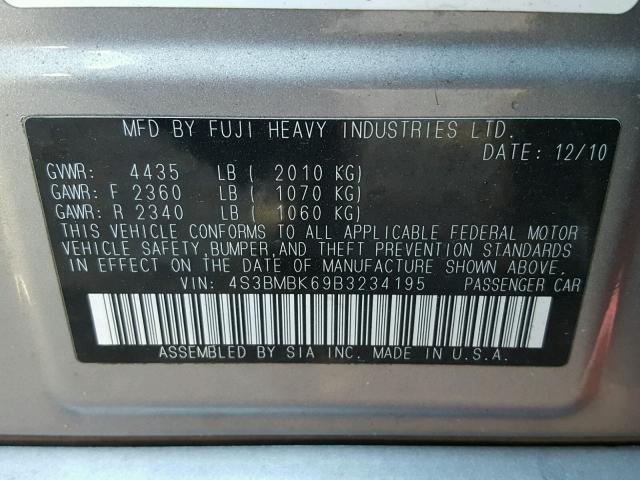 4S3BMBK69B3234195 - 2011 SUBARU LEGACY 2.5 SILVER photo 10