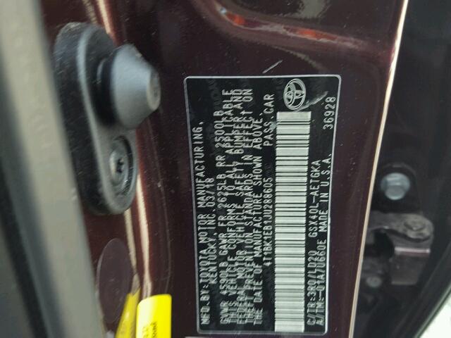 4T1BK1EB1JU288605 - 2018 TOYOTA AVALON XLE MAROON photo 10