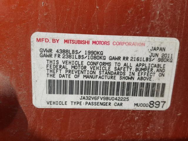 JA32V6FV9BU042225 - 2011 MITSUBISHI LANCER RAL ORANGE photo 10