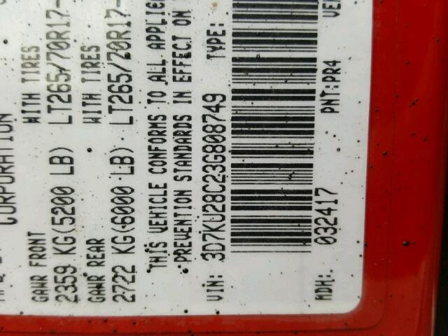 3D7KU28C23G808749 - 2003 DODGE RAM 2500 S შავი ფოტო 10