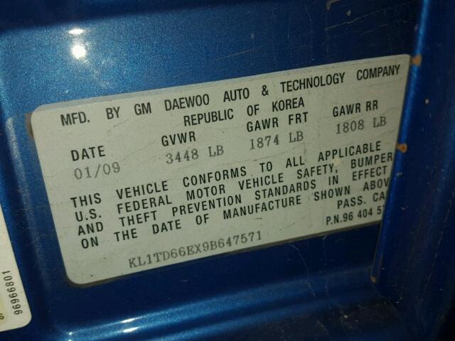 KL1TD66EX9B647571 - 2009 CHEVROLET AVEO LS BLUE photo 10