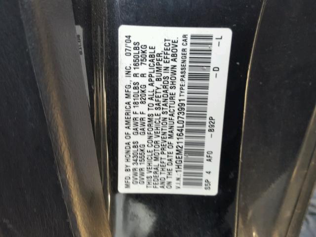 1HGEM21164L073991 - 2004 HONDA CIVIC DX V BLACK photo 10