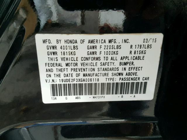 19UDE2F3XGA006118 - 2016 ACURA ILX BASE BLACK photo 10