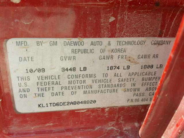 KL1TD6DE2AB048820 - 2010 CHEVROLET AVEO LS RED photo 10