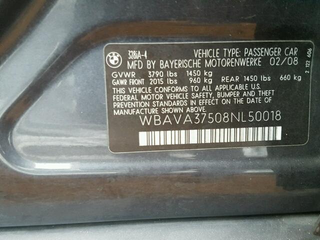 WBAVA37508NL50018 - 2008 BMW 328 I BLACK photo 10