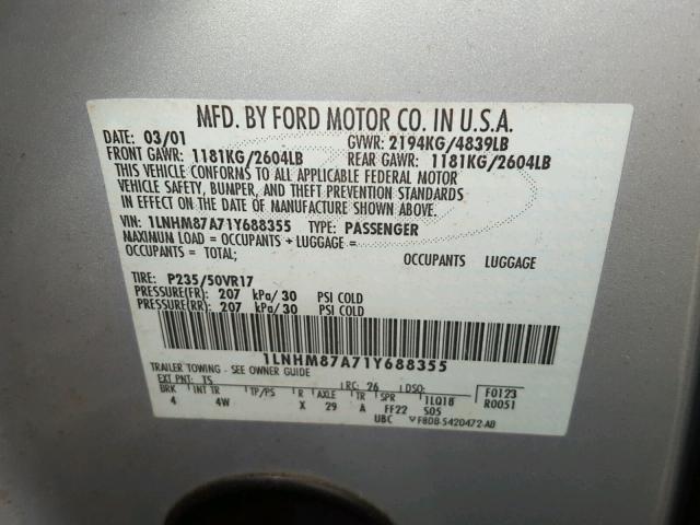 1LNHM87A71Y688355 - 2001 LINCOLN LS SILVER photo 10