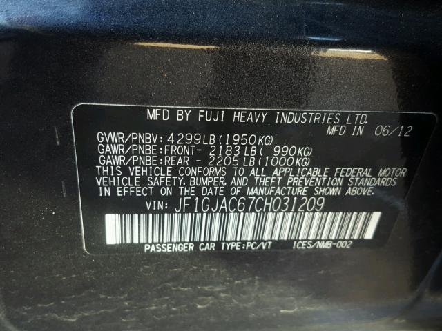 JF1GJAC67CH031209 - 2012 SUBARU IMPREZA PR GRAY photo 10