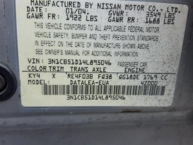 3N1CB51D14L895046 - 2004 NISSAN SENTRA 1.8 SILVER photo 10