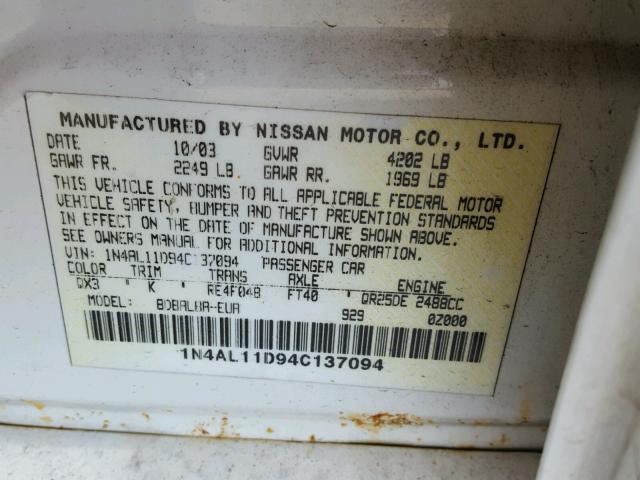 1N4AL11D94C137094 - 2004 NISSAN ALTIMA BAS WHITE photo 10