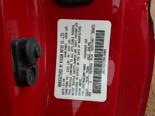 JNKCV64E28M118884 - 2008 INFINITI G37 BASE RED photo 10