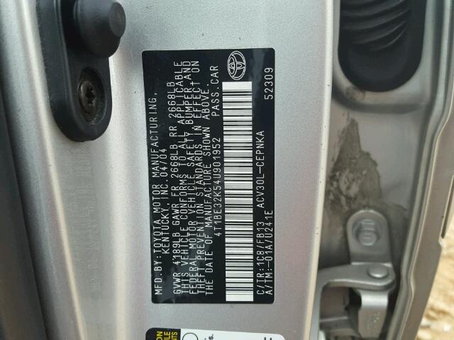 4T1BE32K54U901952 - 2004 TOYOTA CAMRY LE ვერცხლისფერი ფოტო 10