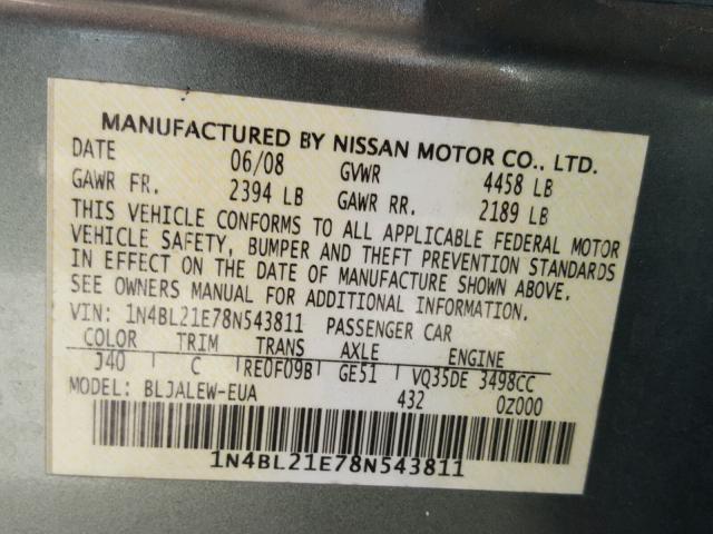 1N4BL21E78N543811 - 2008 NISSAN ALTIMA 3.5 GREEN photo 10