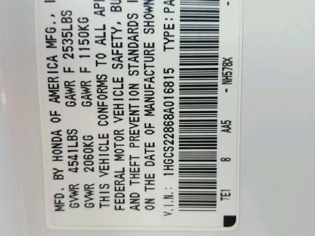 1HGCS22868A016815 - 2008 HONDA ACCORD EXL Ağ foto 10