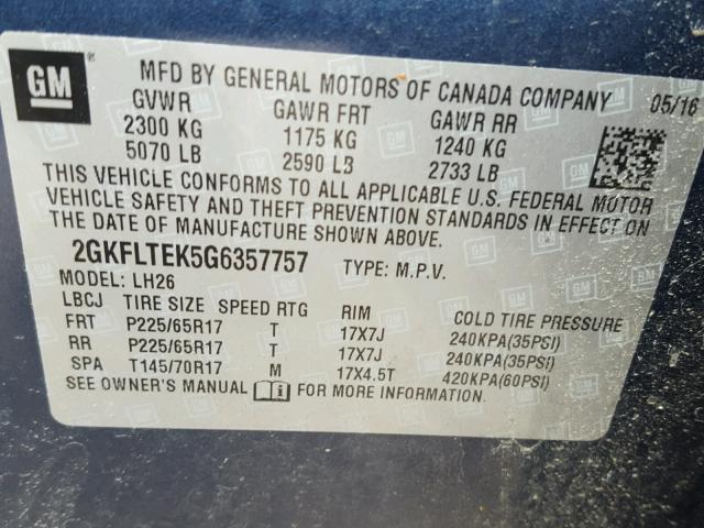 2GKFLTEK5G6357757 - 2016 GMC TERRAIN SL BLUE photo 10