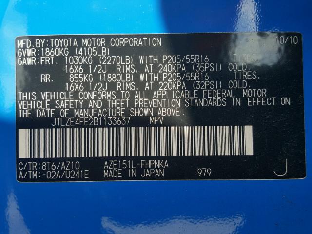 JTLZE4FE2B1133637 - 2011 TOYOTA SCION XB BLUE photo 10