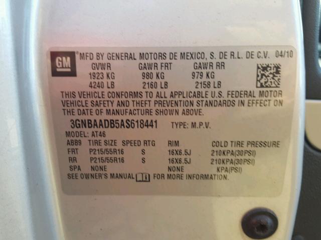 3GNBAADB5AS618441 - 2010 CHEVROLET HHR LS SILVER photo 10