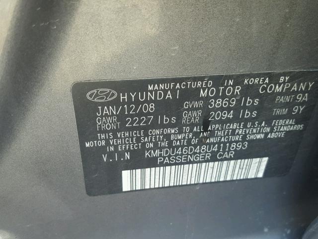 KMHDU46D48U411893 - 2008 HYUNDAI ELANTRA GL GRAY photo 10