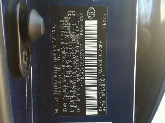 4T1BE46K09U297587 - 2009 TOYOTA CAMRY BASE ლურჯი ფოტო 10
