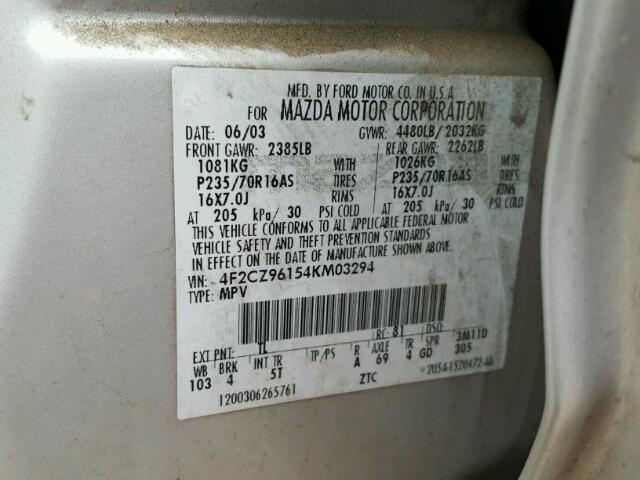 4F2CZ96154KM03294 - 2004 MAZDA TRIBUTE ES 银色 照片 10