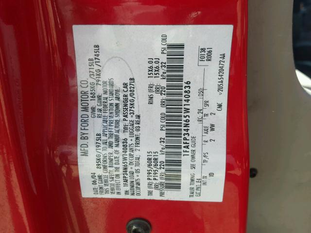 1FAFP34N65W140836 - 2005 FORD FOCUS ZX4 RED photo 10