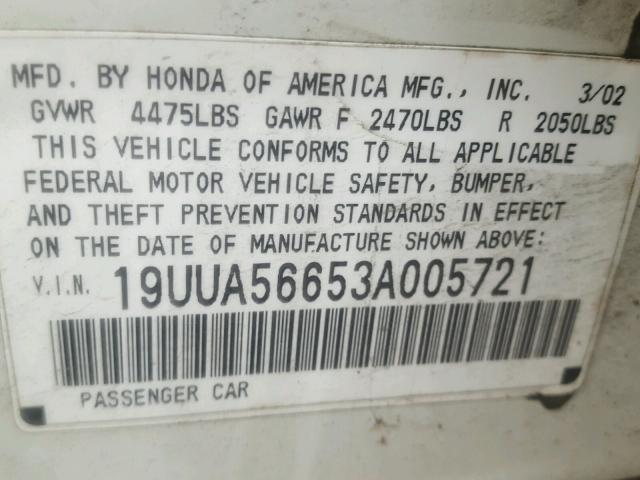 19UUA56653A005721 - 2003 ACURA 3.2TL WHITE photo 10