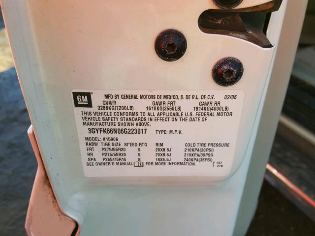 3GYFK66N06G223017 - 2006 CADILLAC ESCALADE E WHITE photo 10