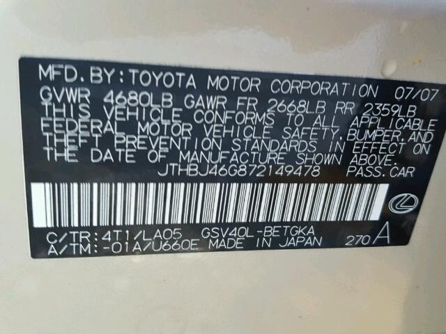 JTHBJ46G872149478 - 2007 LEXUS ES 350 TAN photo 10