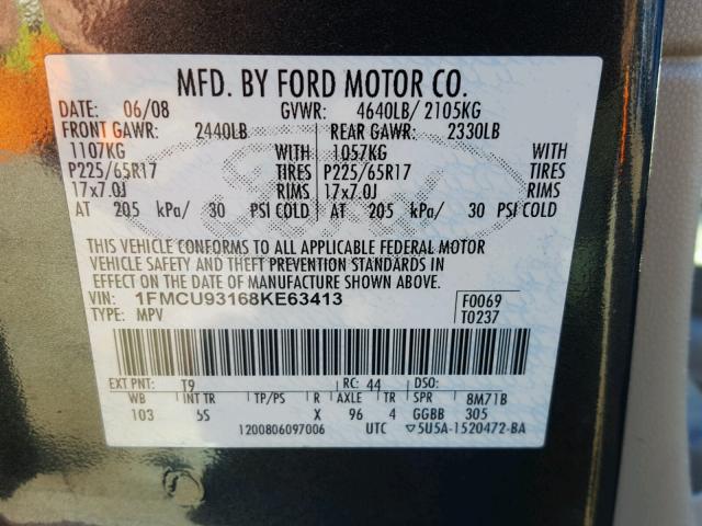 1FMCU93168KE63413 - 2008 FORD ESCAPE XLT CHARCOAL photo 10