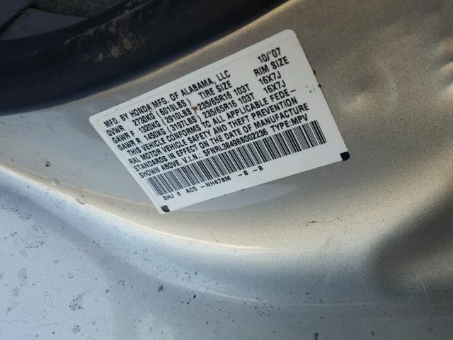 5FNRL38498B002236 - 2008 HONDA ODYSSEY EX SILVER photo 10