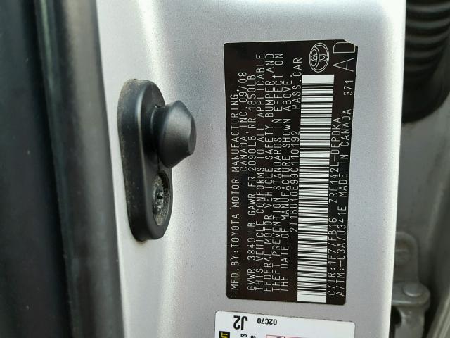 2T1BU40E99C110192 - 2009 TOYOTA COROLLA BA SILVER photo 10