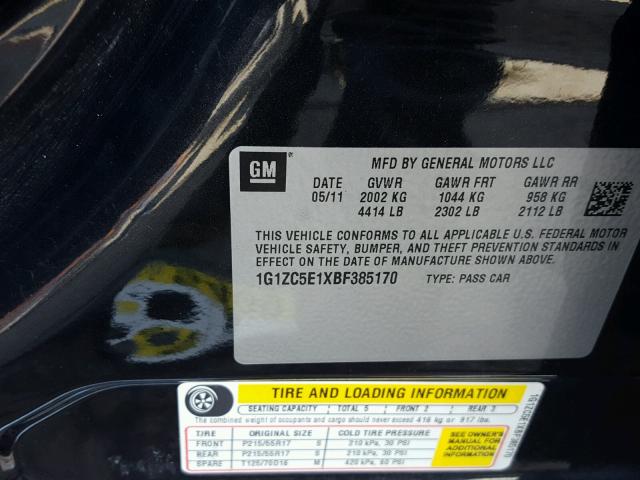 1G1ZC5E1XBF385170 - 2011 CHEVROLET MALIBU 1LT 黑色 照片 10