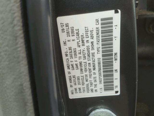 1HGCP26878A008010 - 2008 HONDA ACCORD EXL GRAY photo 10