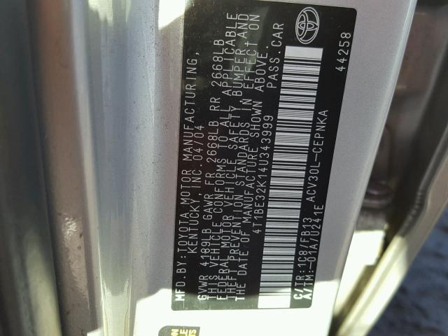 4T1BE32K14U343999 - 2004 TOYOTA CAMRY LE ვერცხლისფერი ფოტო 10