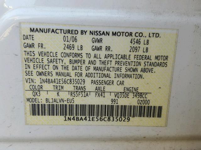 1N4BA41E56C835029 - 2006 NISSAN MAXIMA SE WHITE photo 10