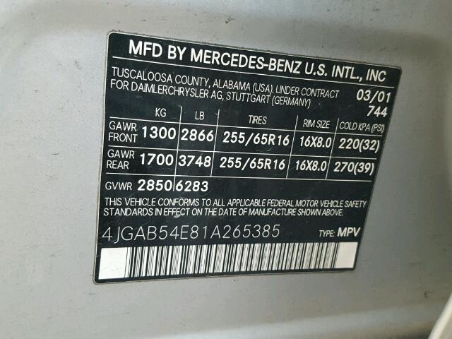 4JGAB54E81A265385 - 2001 MERCEDES-BENZ ML 320 SILVER photo 10