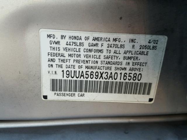 19UUA569X3A016580 - 2003 ACURA 3.2TL TYPE SILVER photo 10