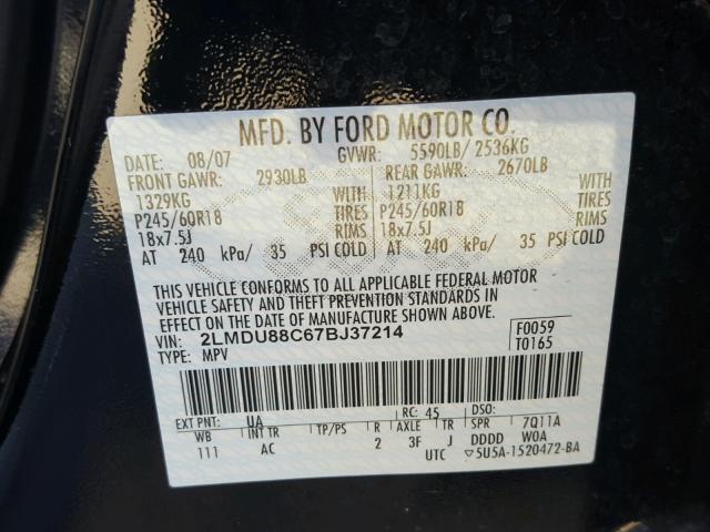 2LMDU88C67BJ37214 - 2007 LINCOLN MKX BLACK photo 10